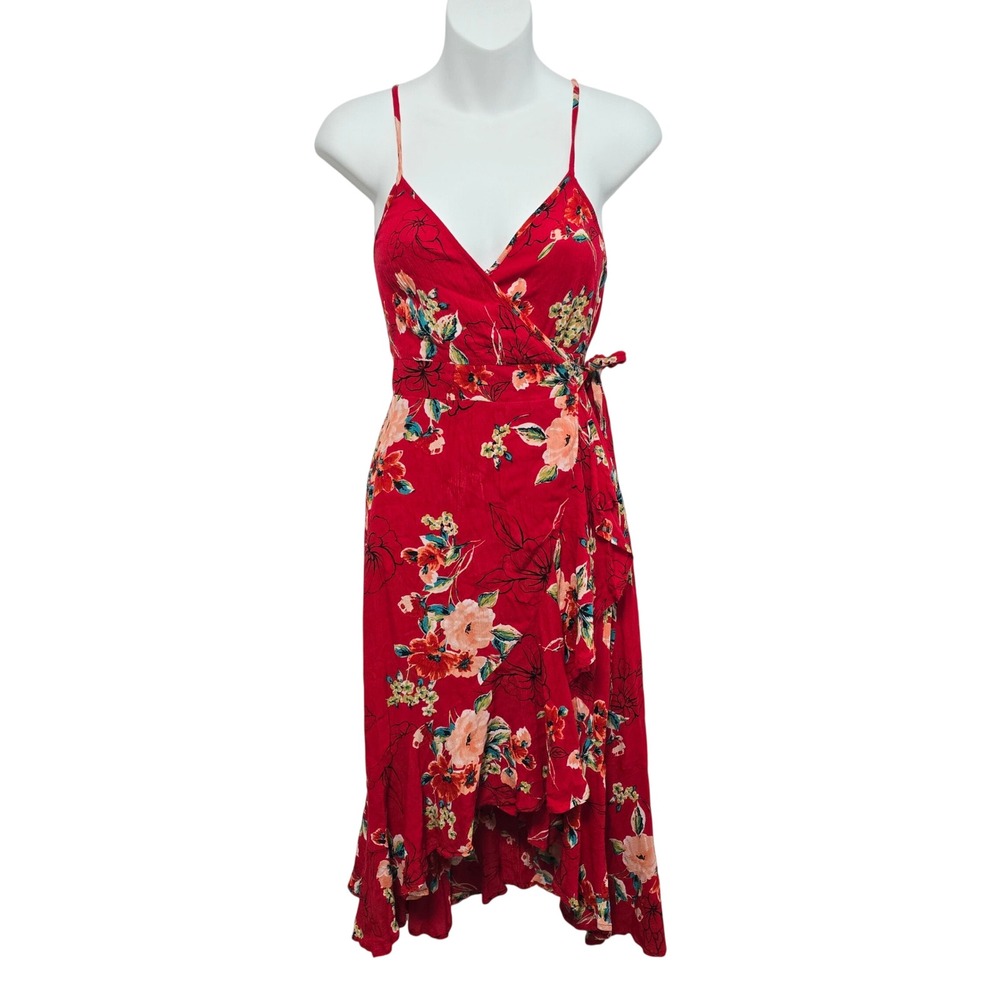 Band‎ of Gypsies Red Floral Wrap Midi Dress XS Adjustable Straps Ruffle Hem